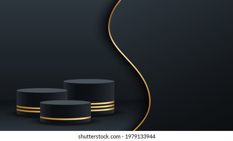 Round podium, pedestal or platform. 3d cylinder exhibit displays set. Background for product presentation. Black and gold. Vector illustration.