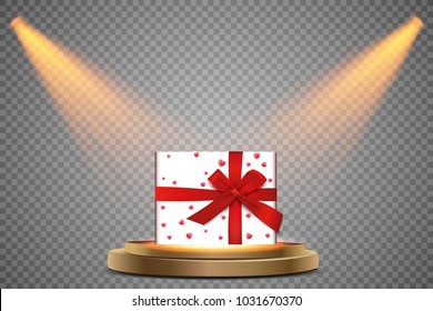Round podium, pedestal or platform illuminated by spotlights on white background. Stage with scenic lights. Vector illustration.