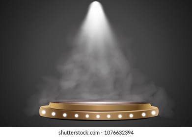 Round podium, pedestal or platform illuminated by spotlights on white background. Stage with scenic lights. Vector illustration.