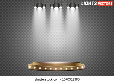 Round podium, pedestal or platform illuminated. Stage with scenic lights