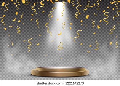 Round podium, pedestal or platform illuminated by spotlights on white background. Stage with scenic lights. Vector illustration.