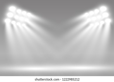 Round podium, pedestal or platform, illuminated by spotlights in the background. Vector illustrations. Podium with smoke. Bright light. Smoke.