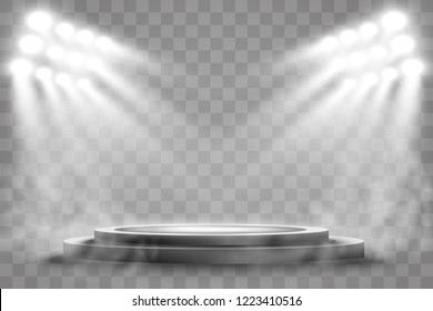 Round podium, pedestal or platform, illuminated by spotlights in the background. Vector illustrations. Podium with smoke. Bright light. Smoke.