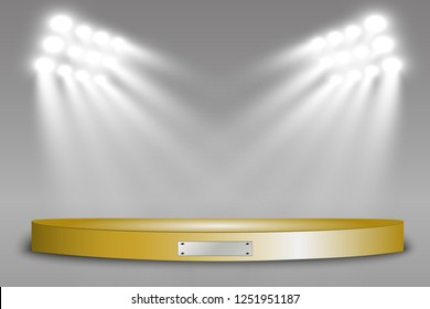 
Round podium, pedestal or platform, illuminated by spotlights in the background. Vector illustration. Podium with bright beautiful stars. Bright light. Star dust.