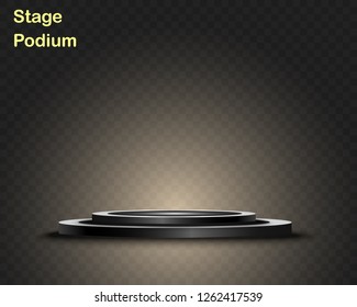 Round podium, pedestal or platform, illuminated by spotlights in the background. Vector illustration. Bright light. Light from above. Advertising place