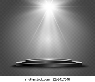 Round podium, pedestal or platform, illuminated by spotlights in the background. Vector illustration. Bright light. Light from above. Advertising place