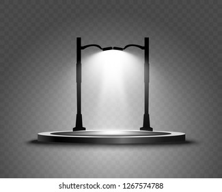 Round podium, pedestal or platform, illuminated by spotlights in the background. Vector illustration. Bright light. Light from above. Advertising place 