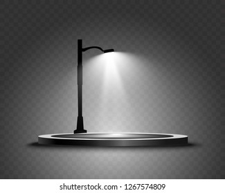 Round podium, pedestal or platform, illuminated by spotlights in the background. Vector illustration. Bright light. Light from above. Advertising place 