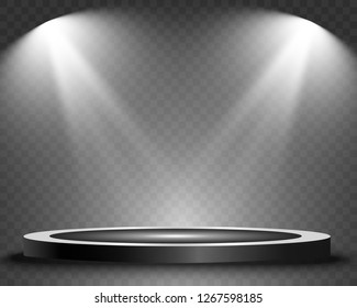 Round podium, pedestal or platform, illuminated by spotlights in the background. Vector illustration. Bright light. Light from above. Advertising place 