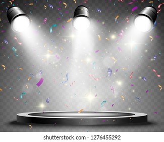 Round podium, pedestal or platform, illuminated by spotlights in the background. Vector illustration. Bright light. Light from above. Advertising place  - Shutterstock ID 1276455292