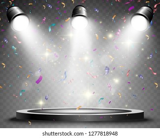 Round podium, pedestal or platform, illuminated by spotlights in the background. Vector illustration. Bright light. Light from above. Advertising place 