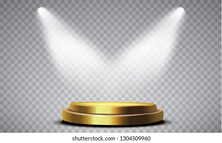 Round podium, pedestal or platform illuminated by spotlights on white background. Stage with scenic lights. Vector illustration.