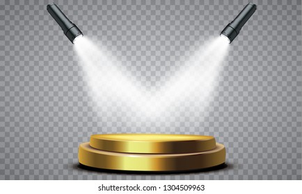 Round podium, pedestal or platform illuminated by spotlights on white background. Stage with scenic lights. Vector illustration.