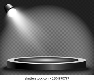 Round podium, pedestal or platform, illuminated by spotlights in the background. Vector illustrations. Bright light. 