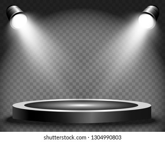Round podium, pedestal or platform, illuminated by spotlights in the background. Vector illustrations. Bright light. 