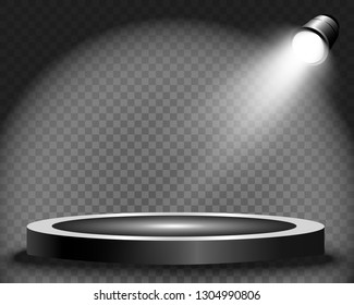 Round podium, pedestal or platform, illuminated by spotlights in the background. Vector illustrations. Bright light. 