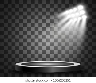 Round podium, pedestal or platform, illuminated by spotlights in the background. Vector illustrations. Bright light. 