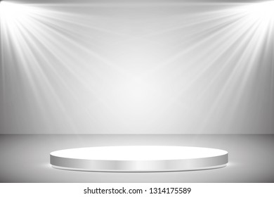 Round podium, pedestal or platform illuminated by spotlights on white background. Stage with scenic lights. Vector illustration.