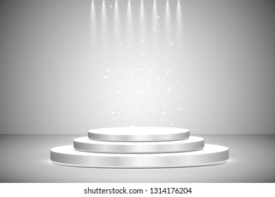 Round podium, pedestal or platform illuminated by spotlights on grey background