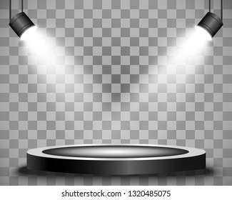 Round podium, pedestal or platform, illuminated by spotlights in the background. Vector illustrations. Bright light.