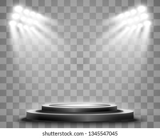 Round podium, pedestal or platform, illuminated by spotlights in the background. Vector illustrations. 