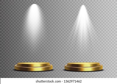 Round podium, pedestal or platform illuminated by spotlights on white background.
