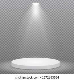 Round podium, pedestal or platform illuminated by spotlights on transparent background. Stage with scenic lights. Vector illustration.