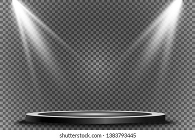 Round podium, pedestal or platform, illuminated by spotlights in the background. Vector illustration. Bright light. Light from above. Advertising place 