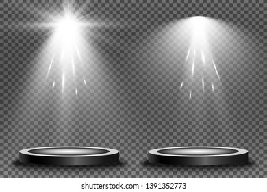 Round podium, pedestal or platform, illuminated by spotlights in the background. Vector illustration. Bright light. Light from above. Advertising place 