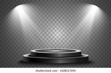 Round podium, pedestal or platform, illuminated by spotlights in the background. Vector illustration. Bright light. Light from above. Advertising place