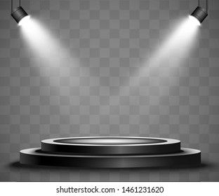 Round podium, pedestal or platform, illuminated by spotlights in the background. Vector illustration. Bright light. Light from above. Advertising place