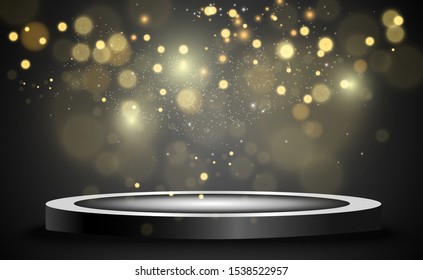 Round podium, pedestal or platform, illuminated by spotlights in the background. Vector illustration. Bright light. Light from above. Advertising place