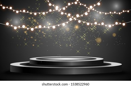Round podium, pedestal or platform, illuminated by spotlights in the background. Vector illustration. Bright light. Light from above. Advertising place