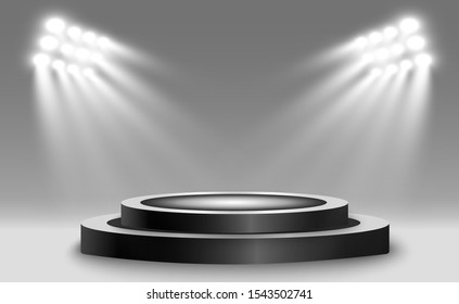 Round podium, pedestal or platform, illuminated by spotlights in the background. Vector illustration. Bright light. Light from above. Advertising place