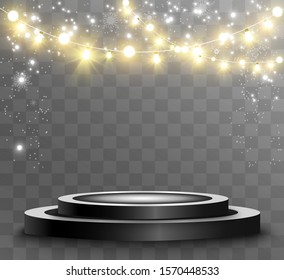 Round podium, pedestal or platform, illuminated by spotlights in the background. Vector illustration. Bright light. Light from above. Advertising place