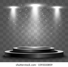 Round podium, pedestal or platform, illuminated by spotlights in the background. Vector illustration. Bright light. Light from above. Advertising place