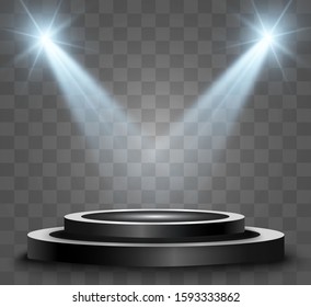 Round podium, pedestal or platform, illuminated by spotlights in the background. Vector illustration. Bright light. Light from above. Advertising place