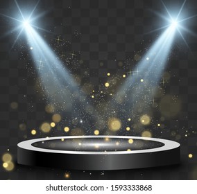Round podium, pedestal or platform, illuminated by spotlights in the background. Vector illustration. Bright light. Light from above. Advertising place