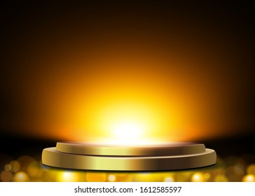 Round podium, pedestal or platform illuminated by spotlights on white background. Stage with scenic lights. Vector illustration.