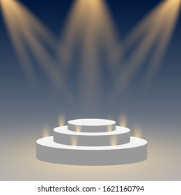 Round podium, pedestal or platform illuminated by spotlights on white background. Stage with scenic lights. Vector illustration.