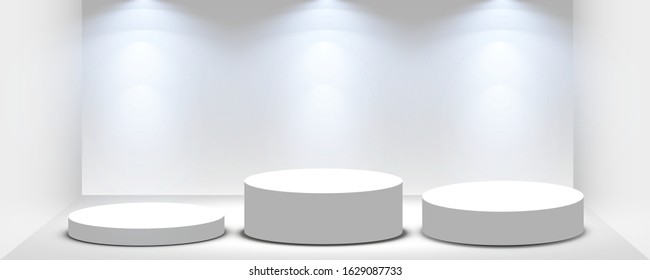 	
Round podium, pedestal or platform illuminated by spotlights on white background. Stage with scenic lights. Vector illustration.
