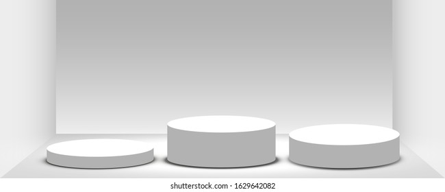 Round podium, pedestal or platform illuminated by spotlights on white background. Stage with scenic lights. Vector illustration
