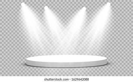 Round podium, pedestal or platform illuminated by spotlights on white background. Stage with scenic lights. Vector illustration
