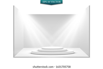 Round podium, pedestal or platform illuminated by spotlights on white background. Stage with scenic lights. Vector illustration.