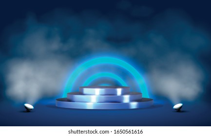 Round podium, pedestal or platform, illuminated by led spotlights. Vector illustration. Bright podium. Advertising place. Blank product stand background for product presentation