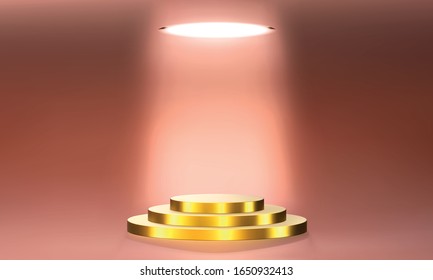 Round podium, pedestal or platform, illuminated by led spotlights. Vector illustration. Bright podium. Advertising place. Blank product stand background for product presentation