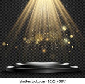 Round podium, pedestal or platform, illuminated by spotlights in the background. Vector illustration. Bright light. Light from above. Advertising place