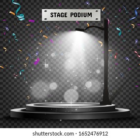 Round podium, pedestal or platform, illuminated by spotlights in the background. Vector illustration. Bright light. Light from above. Advertising place
