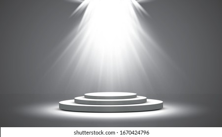 Round podium, pedestal or platform illuminated by spotlights on white background. Stage with scenic lights. Vector illustration.