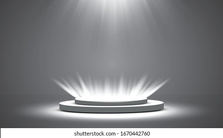 Round podium, pedestal or platform illuminated by spotlights on white background. Stage with scenic lights. Vector illustration.